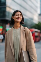 Obraz premium Young woman smiling while standing on urban street with laptop