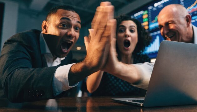 Three excited business professionals celebrate success with a high-five in front of a laptop in an office setting.