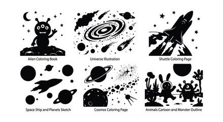 Space ship and planets sketch black and white vector illustration © nurjahan