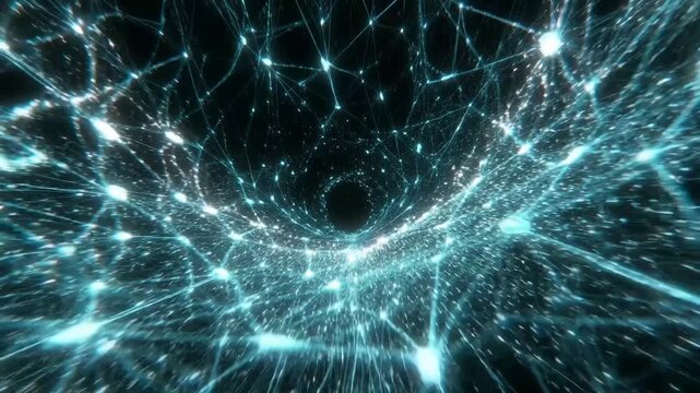Glowing interconnected lines forming vortex-like pattern in digital style on dark background, concept of network complexity