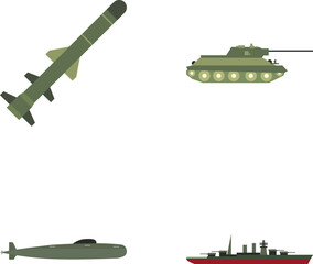 Obraz premium Set of military equipment icons featuring missile, tank, submarine, and battleship