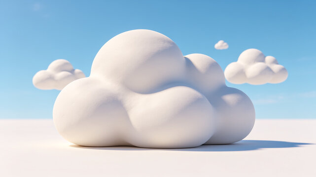 3D render of fluffy white cumulus clouds in a blue sky, claymorphism style