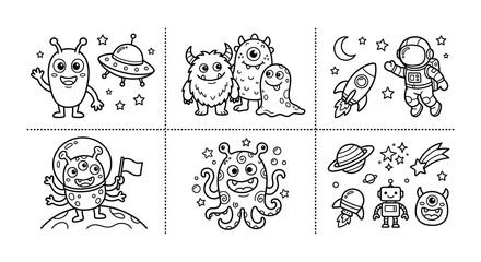 Space themed vector illustrations with planets rockets and alien characters © nurjahan