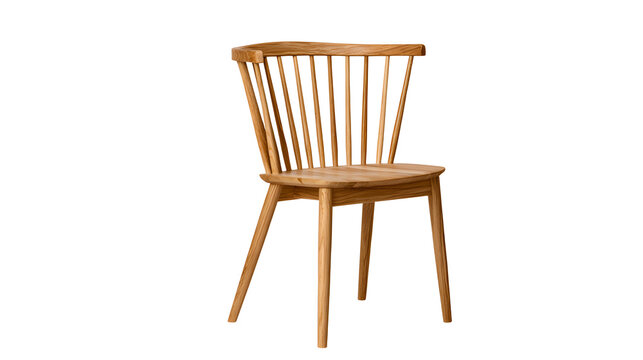 Light wood spindle back dining chair with curved seat, white background