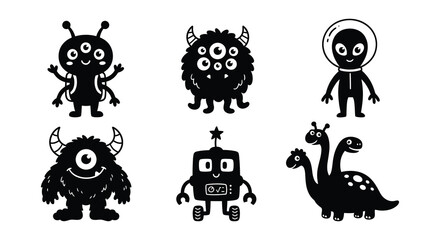 Space monsters and astronauts black line vector illustration on white background © nurjahan