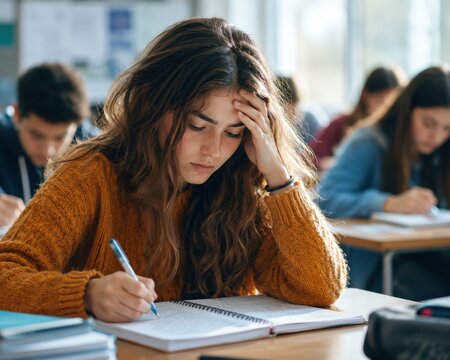 Stressed teen girl studying for school exam with hand on her forehead in classroom.