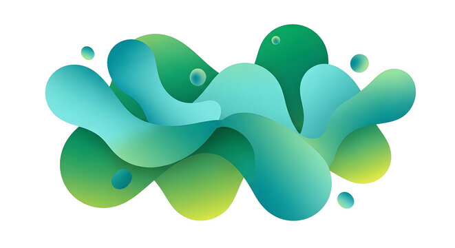 Abstract fluid gradient shapes in vibrant green and teal on transparent background