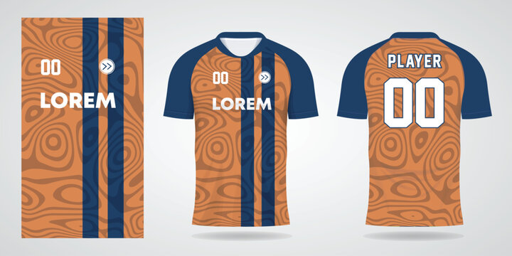Orange and blue soccer jersey with wood grain pattern and lorem ipsum text