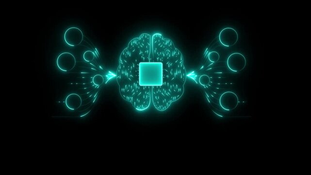 Glowing AI Brain Technology Animation Background with Digital Neural Network, Empty Center Frame and Smart Data Connection Concept