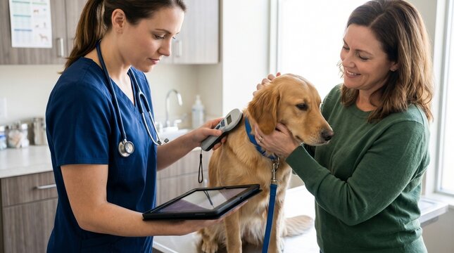Dog microchip registration, Veterinarian with tablet, Pet owner identification service, Clean clinic consultation, Responsible animal healthcare, Lifestyle close up