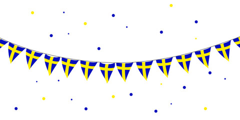 Obraz premium Swedish flag bunting garland with confetti decoration and copy space. Festive Sweden celebration concept for holiday banner, invitation and national event design