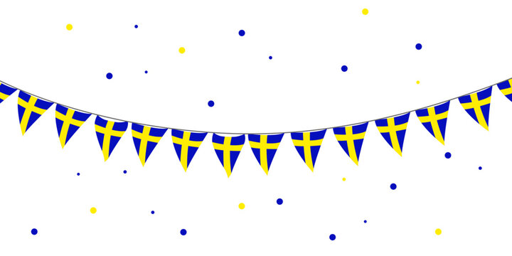 Swedish flag bunting garland with confetti decoration and copy space. Festive Sweden celebration concept for holiday banner, invitation and national event design