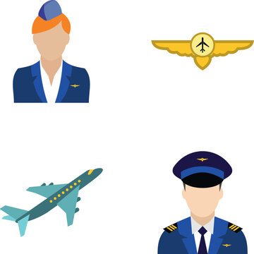 Aviation career icons showing airplane, pilot, flight attendant uniform, and pilot wings badge