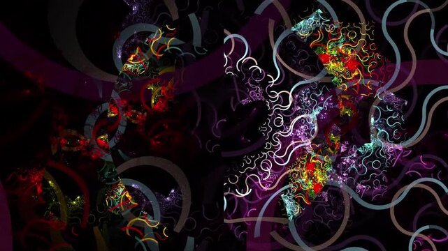 Abstract fractal animation with psychedelic colorful wavy lines, moving geometric shapes and intricate dark chaotic patterns.