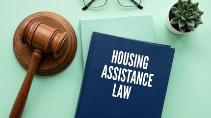 Housing Assistance Law book with judge gavel, legal concept for social housing rights and government aid, wooden mallet on green background