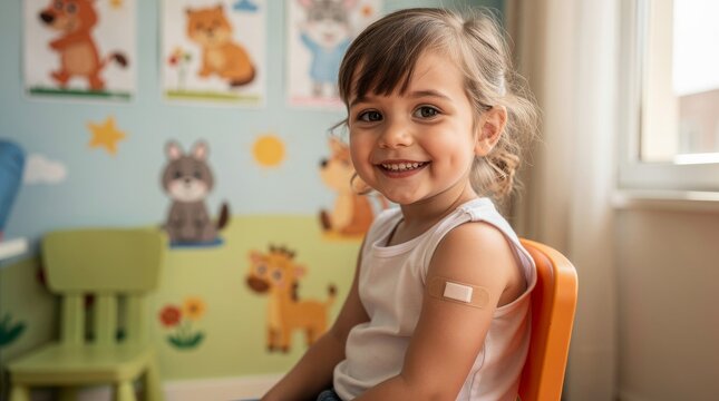 Smiling Child With Bandage After Vaccination in Colorful Room