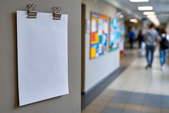 Blank white poster with metal clips on school hallway wall