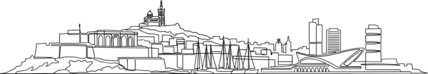 Marseille city skyline continuous line drawing vector illustration with Notre Dame de la Garde basilica panorama landscape concept © MdMursalin