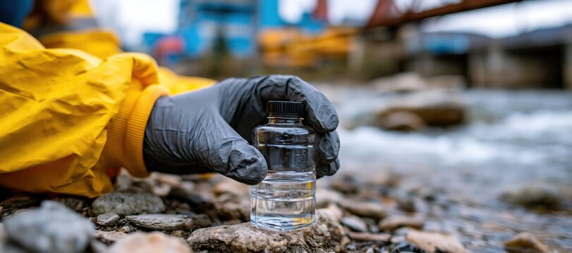 Gloved environmental technician collecting water sample on rocky riverbank
