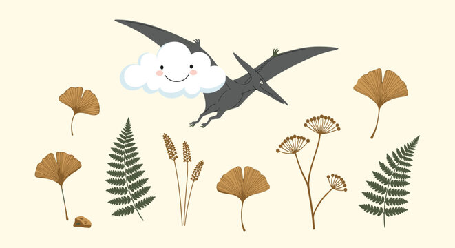 Friendly pterodactyl flies through the sky carrying a happy white cloud surrounded by prehistoric leaves and dried plant elements.