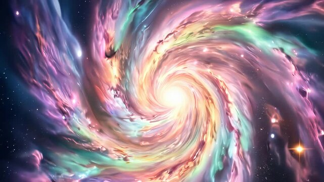 Vibrant spiral galaxy swirling in deep space with colorful nebulae and distant stars. Panning and tilting camera movement.