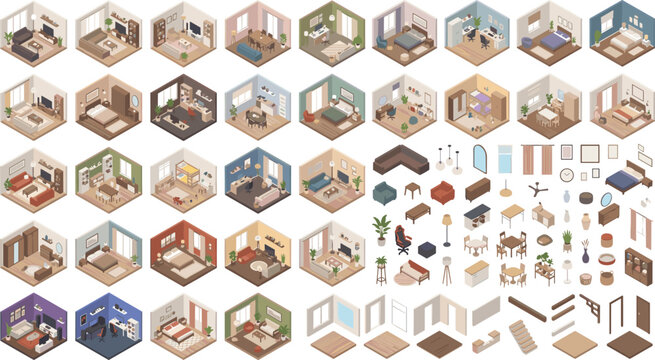 Isometric interior design room elements furniture living bedroom house apartment home decor building constructor vector set isolated illustration