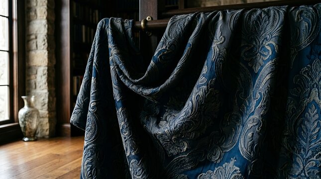 Elegant Damask Fabric Drapery with Ornate Pattern in Blue and Silver