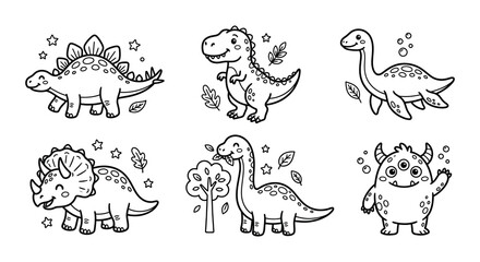 Dinosaur Illustrations Black And White Vector Set With Botanical Elements © nurjahan