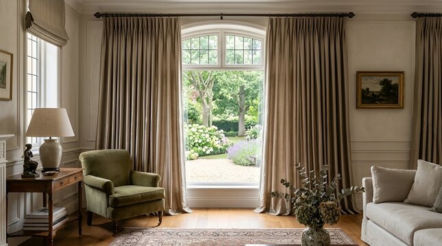 Elegant living room with garden view through large arched window, luxurious drapes