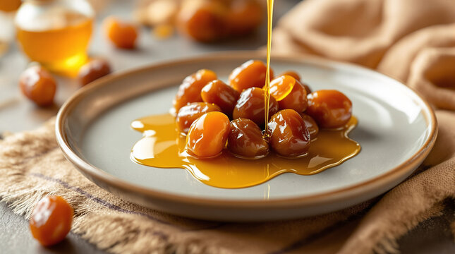 dates on a plate with melted honey