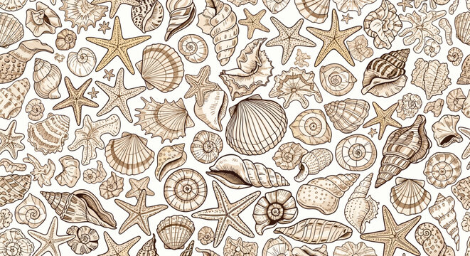 Detailed sea shell and starfish collection creates a vintage style seamless pattern perfect for nautical and coastal themed designs.