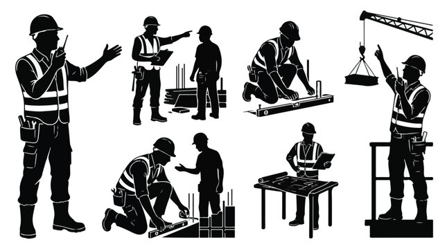 Six Construction Workers, specifically foreman Silhouettes Performing Various Tasks in Black and White Vector Style
