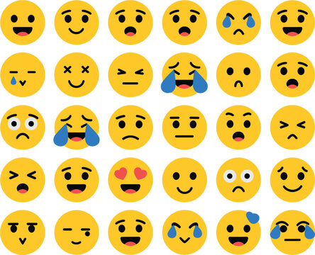 Emoji Faces Collection Set, Expressive Emoticons and Social Media Reactions Vector Illustration Design