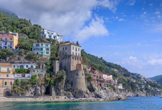 Townscape of Cetara seen from the sea on Amalfi Coast, southern Italy: glimpse Vicereale Tower, an Angevin bastion of defence.