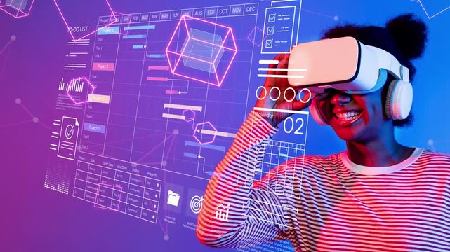 Young woman enjoying virtual reality experience with data visualization elements and futuristic graphics in vibrant colors and modern technology setting. Entropy.