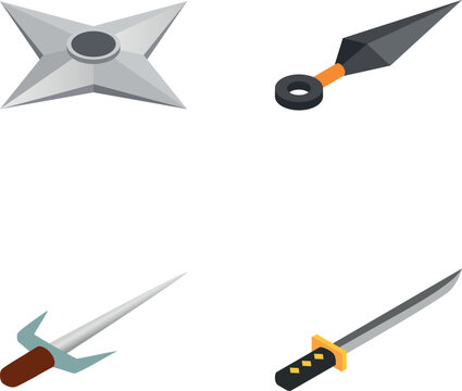 Isometric ninja combat tools and martial arts armament isolated on white