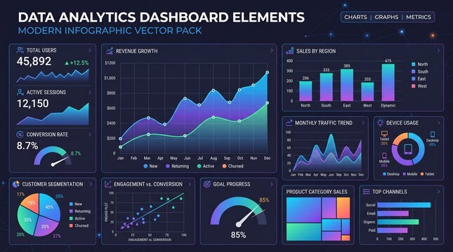 Data analytics dashboard elements modern infographic vector pack with charts graphs
