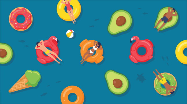 Top view flat design illustration of people on novelty pool floats for summer web banners