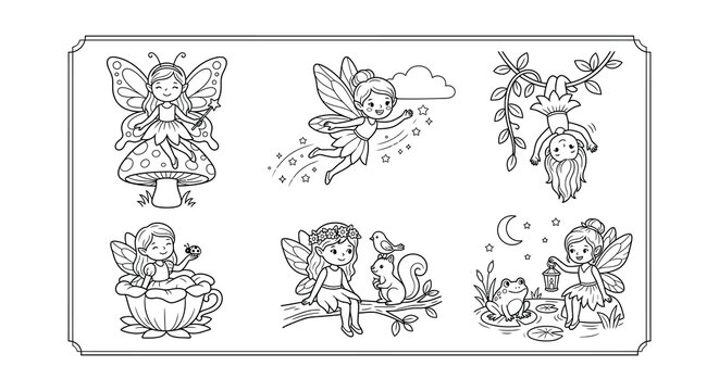 Fairies And Woodland Creatures Black And White Vector Illustration
