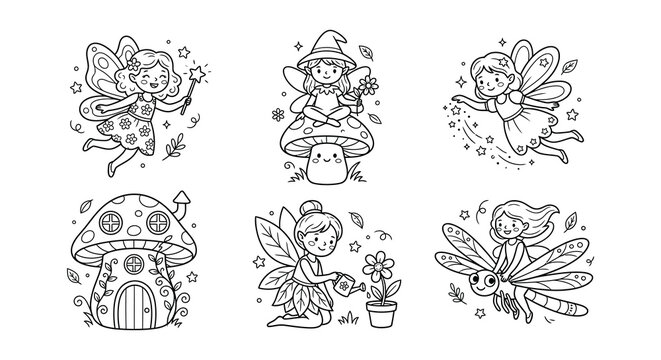 Fairies And Woodland Creatures Black And White Vector Illustration