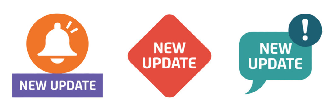 New update icon set featuring update alert symbols and notification bell graphics for mobile applications and digital interface design.
