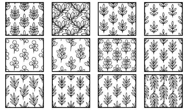 Botanical plant leaf pattern vector clipart set with simple foliage clean outline swatches black and white