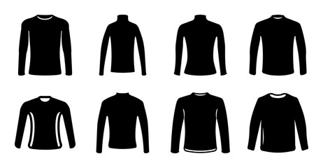 Black long sleeve shirt vector icons set - Eight stylish black long sleeve shirt icons in vector format, showing different styles and fits for apparel design or e-commerce use. © MST