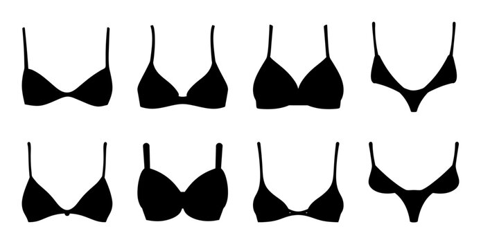 Black bra styles flat illustration - Eight simple black bra designs shown in a clean, flat illustration style for fashion or apparel use.