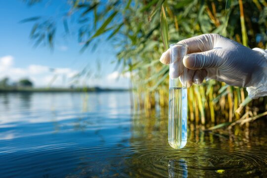 Scientist wearing gloves collecting a water sample from a lake in a test tube for environmental analysis and quality testing in a natural outdoor setting