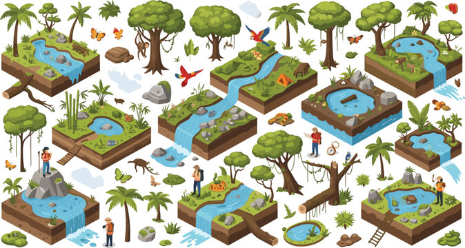Isometric vector illustration of jungle ecosystem nature landscape elements with river waterfalls trees camping and hikers set