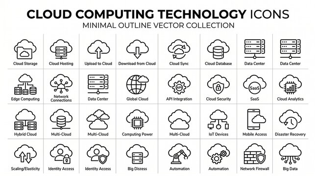 Cloud computing technology icons minimal outline vector collection