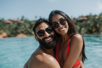 Obraz premium Mixed couple embracing and smiling in resort swimming pool