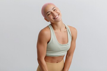 Fototapeta premium Woman with pink hair smiling and leaning in studio portrait