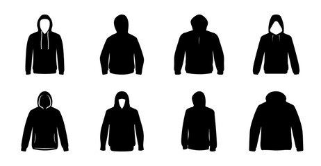 Silhouettes of people wearing hooded jackets - Eight stylish black silhouettes of people in hooded jackets, standing upright with hoods up or down, minimalist design for versatile use. © MST